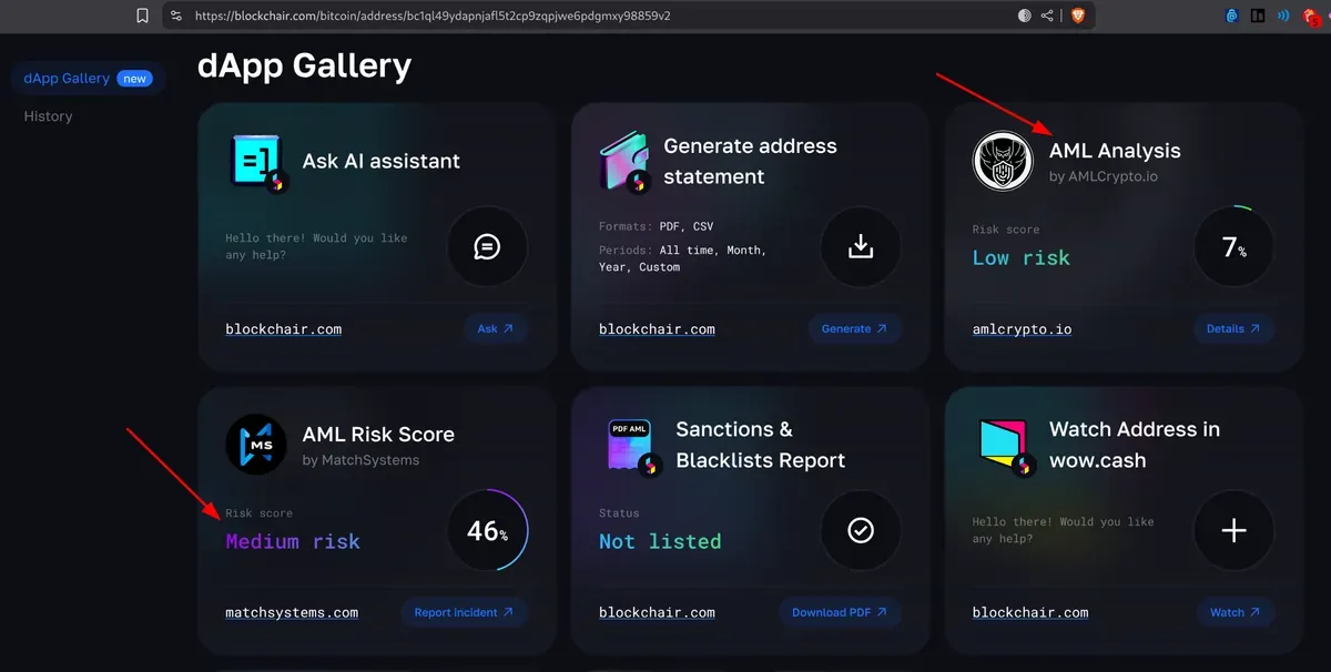 dApps section in Blockchair, showing two risk scores